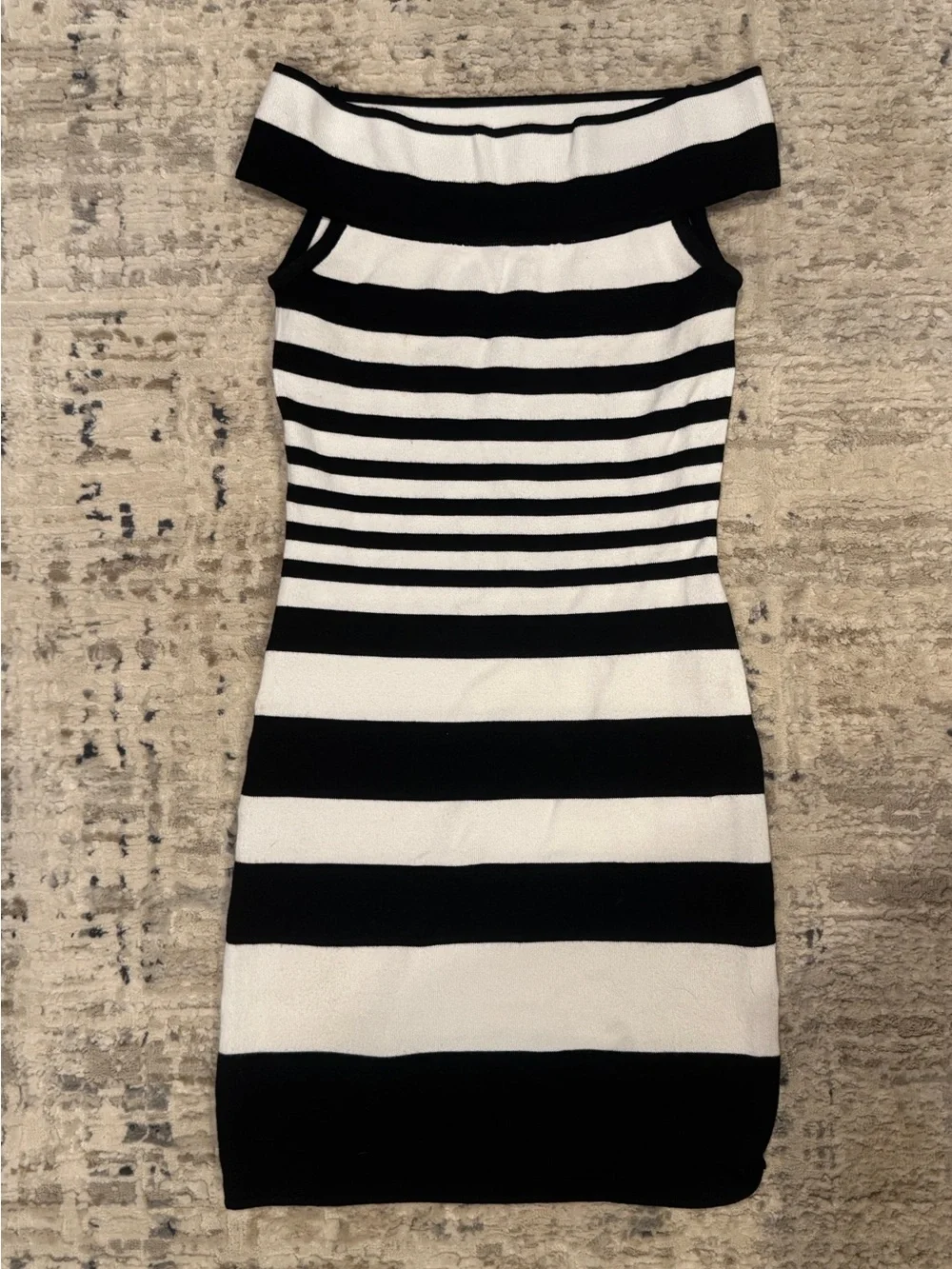 Bebe Knit Black and White Striped Off-Shoulder Mini Dress - Picture 1 of 4